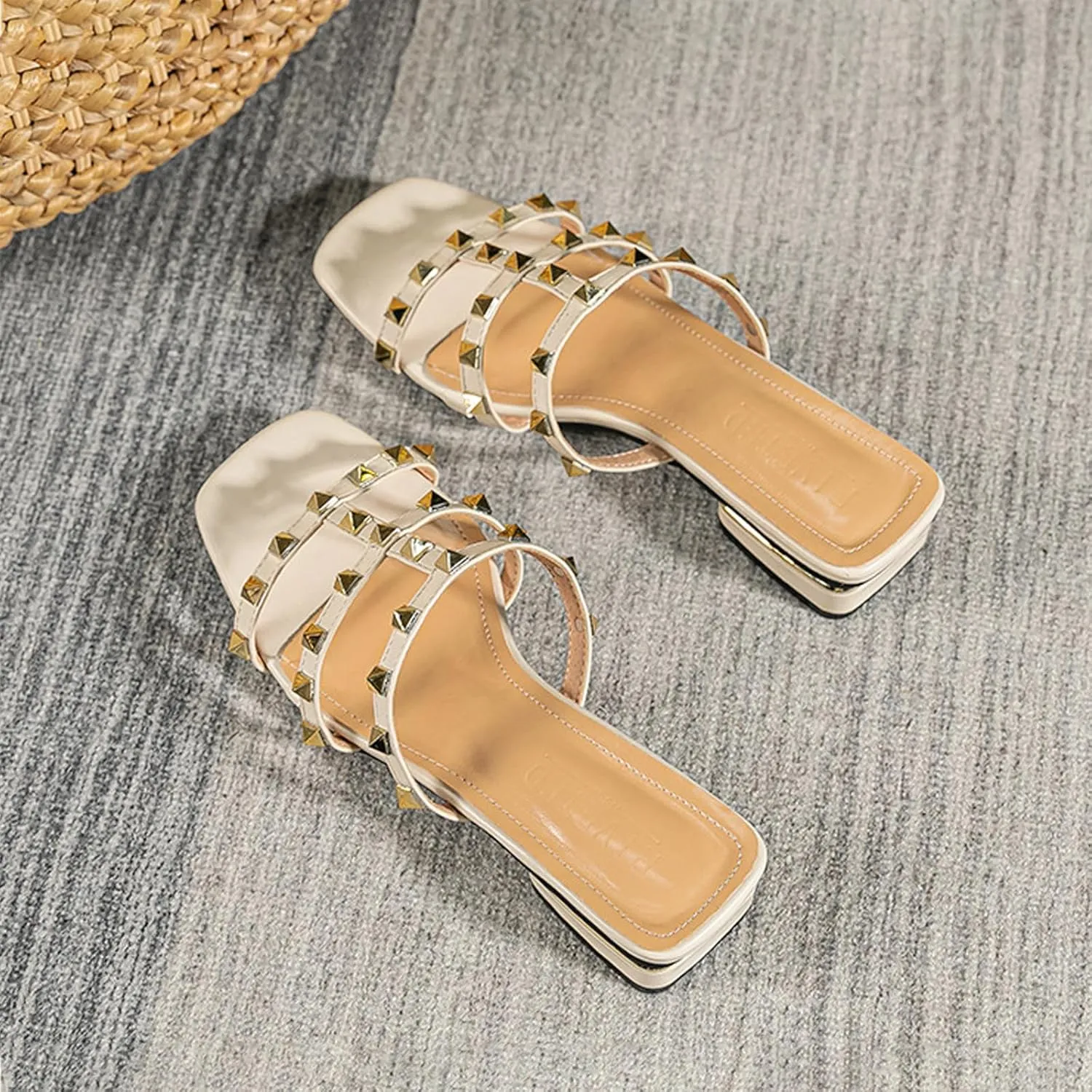 Women's leather one word Studded open toe Low Heel Sandals Fashion Square Toe Strappy rivet block heel slip-on Slide Sandals for summer beach vacation slippers
