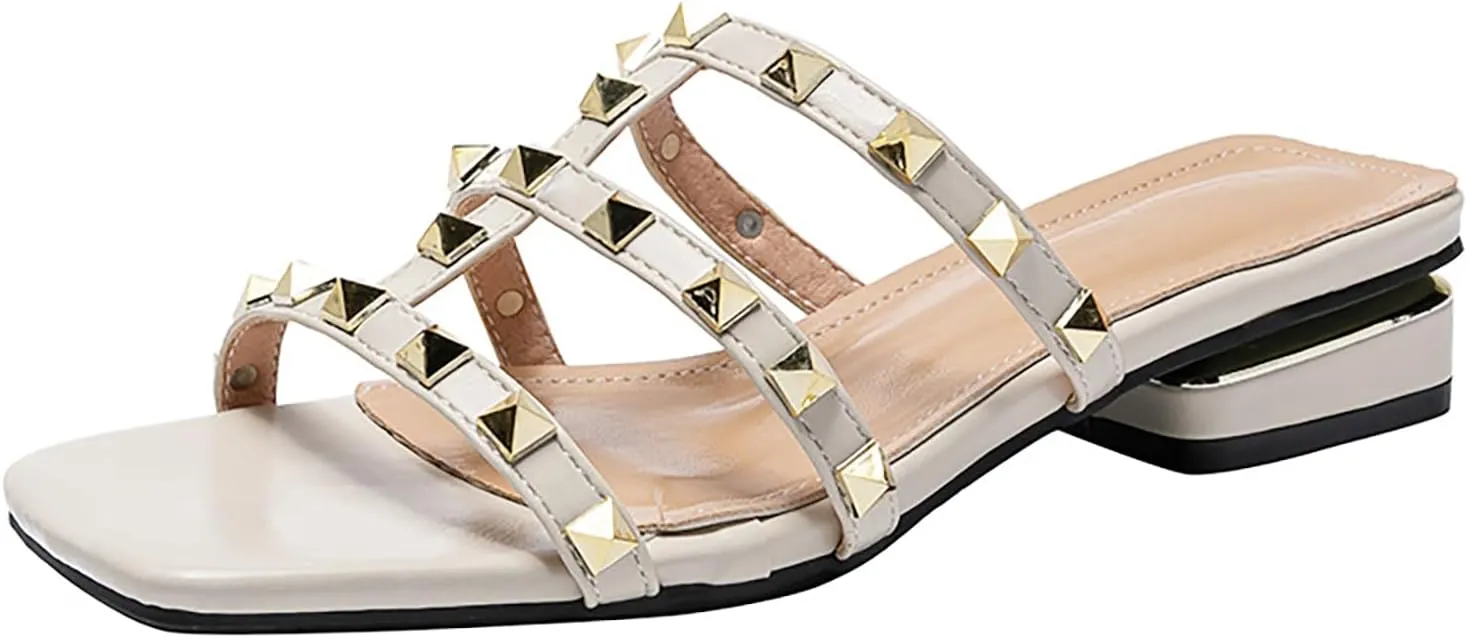 Women's leather one word Studded open toe Low Heel Sandals Fashion Square Toe Strappy rivet block heel slip-on Slide Sandals for summer beach vacation slippers