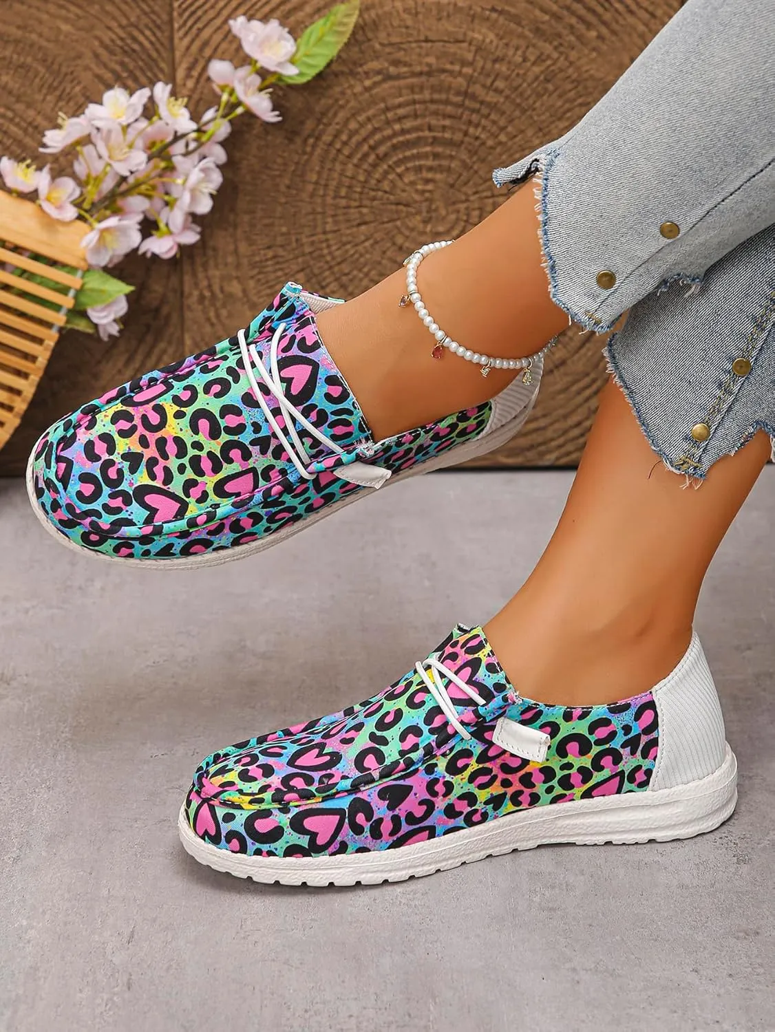Women's Leopard Print Casual Shoes with Pink Heart Details  Sweet Bow Accent Flat Sneakers  Bold & Playful Slip-Ons (Sizes 6-11)