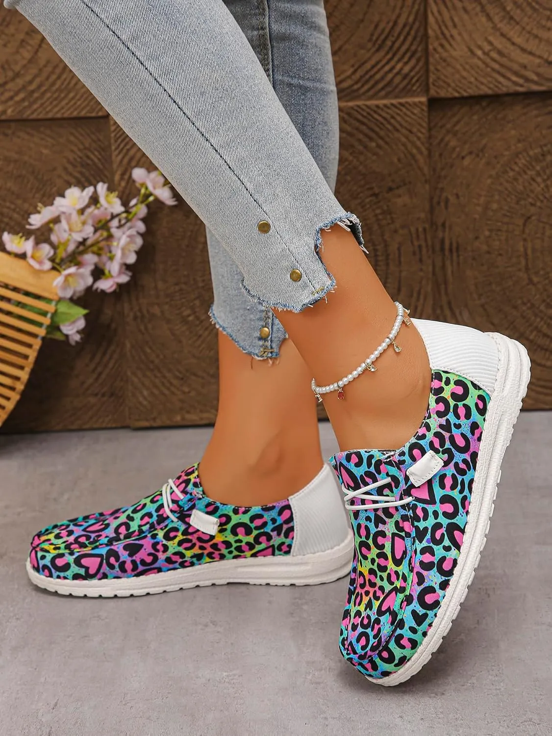 Women's Leopard Print Casual Shoes with Pink Heart Details  Sweet Bow Accent Flat Sneakers  Bold & Playful Slip-Ons (Sizes 6-11)