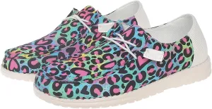 Women's Leopard Print Casual Shoes with Pink Heart Details  Sweet Bow Accent Flat Sneakers  Bold & Playful Slip-Ons (Sizes 6-11)