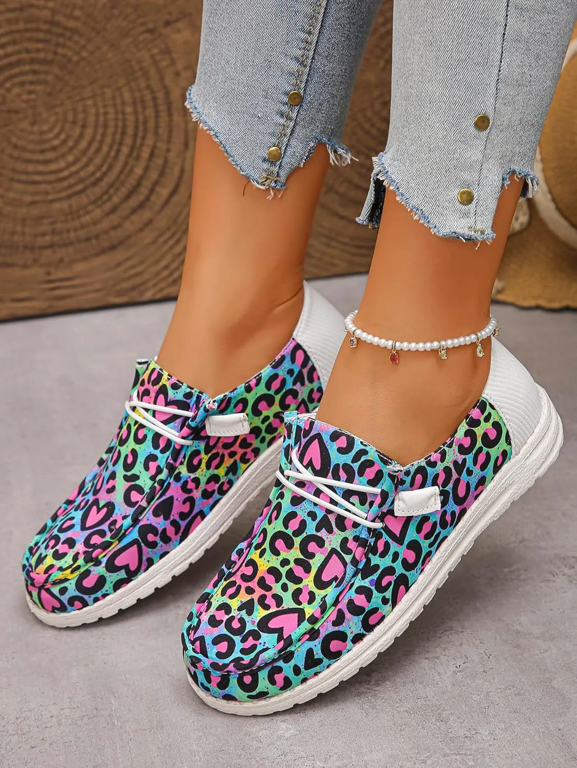 Women's Leopard Print Casual Shoes with Pink Heart Details  Sweet Bow Accent Flat Sneakers  Bold & Playful Slip-Ons (Sizes 6-11)