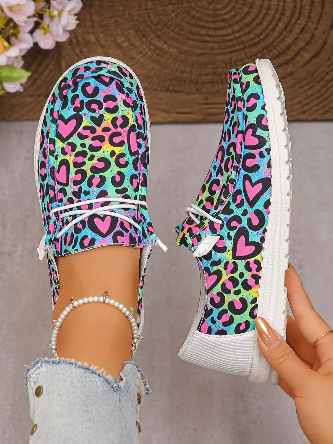 Women's Leopard Print Casual Shoes with Pink Heart Details  Sweet Bow Accent Flat Sneakers  Bold & Playful Slip-Ons (Sizes 6-11)