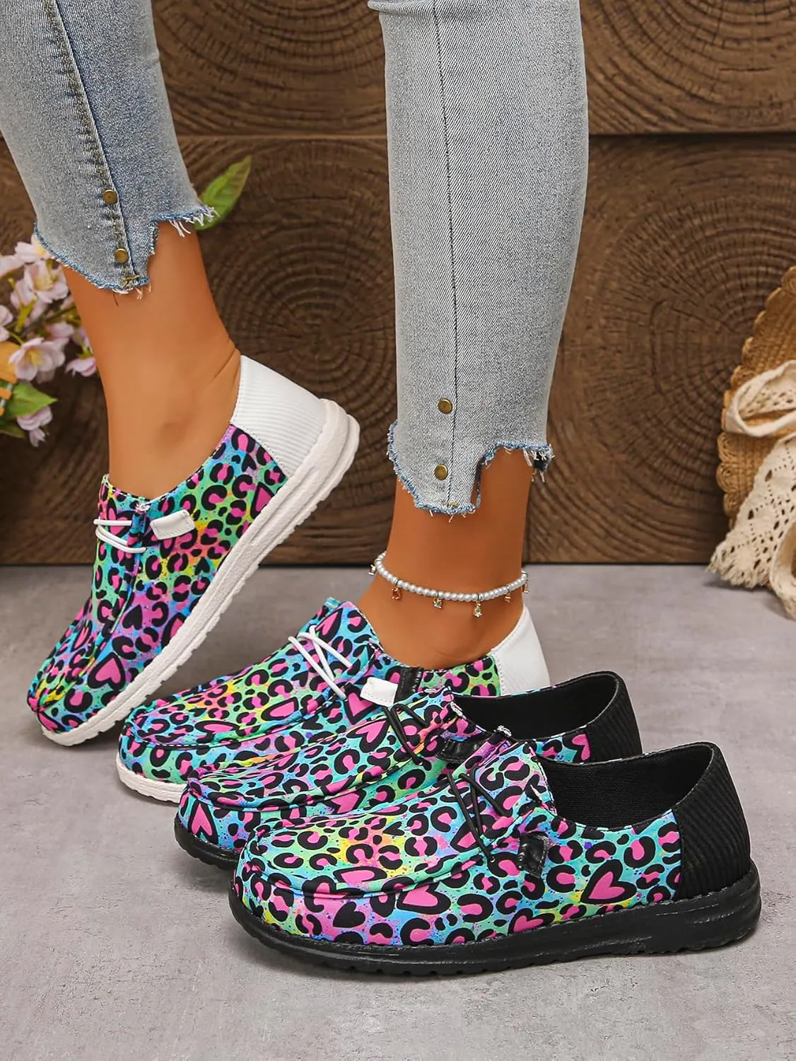 Women's Leopard Print Casual Shoes with Pink Heart Details  Sweet Bow Accent Flat Sneakers  Bold & Playful Slip-Ons (Sizes 6-11)