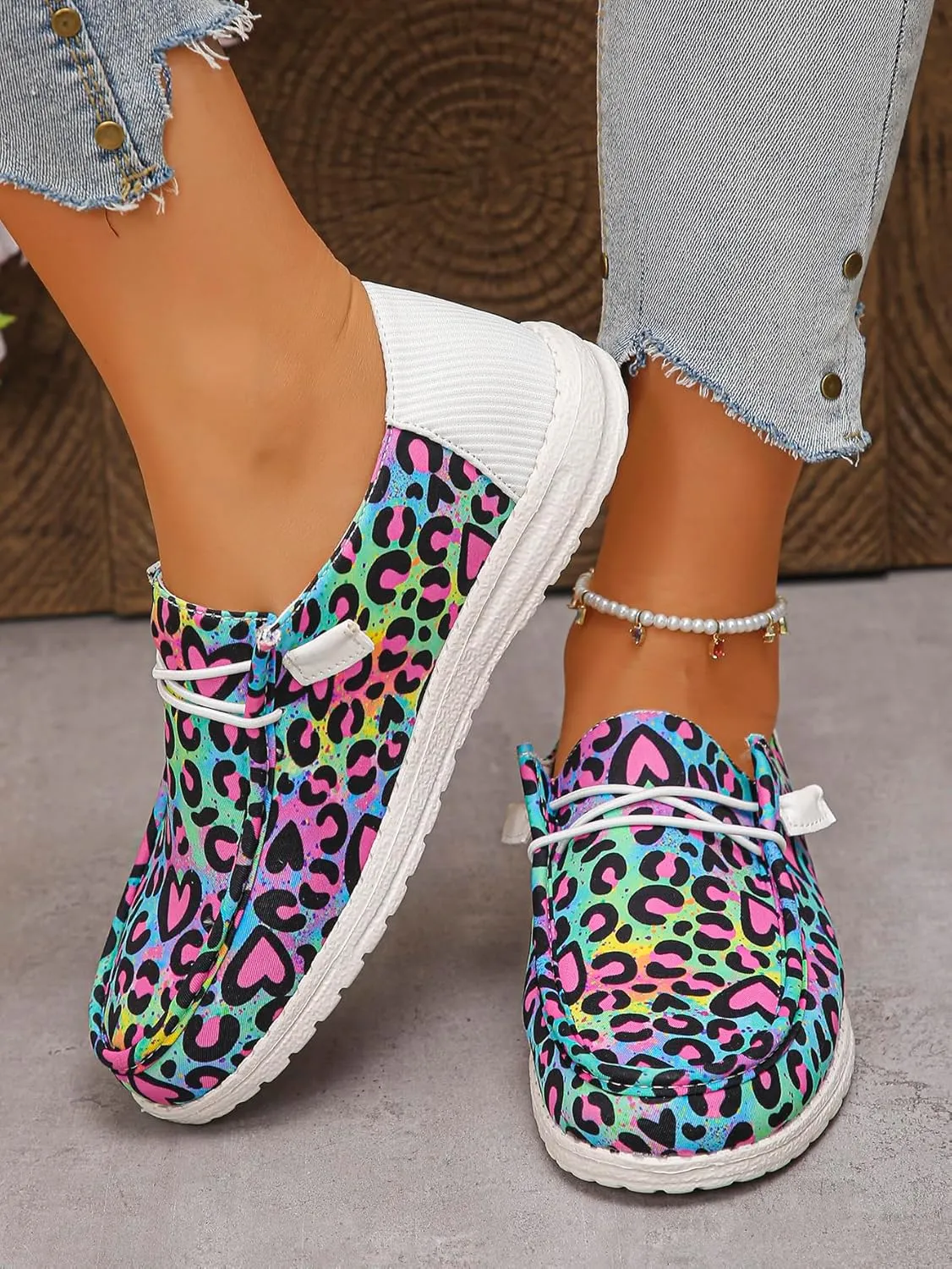 Women's Leopard Print Casual Shoes with Pink Heart Details  Sweet Bow Accent Flat Sneakers  Bold & Playful Slip-Ons (Sizes 6-11)