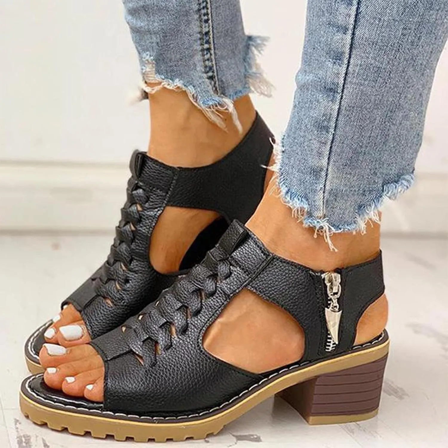 Womens Low Chunky Heel Sandals Fashion Ankle Zipper Open Toe Sandals Comfortable Sandales Summer Dressy Party Sandals