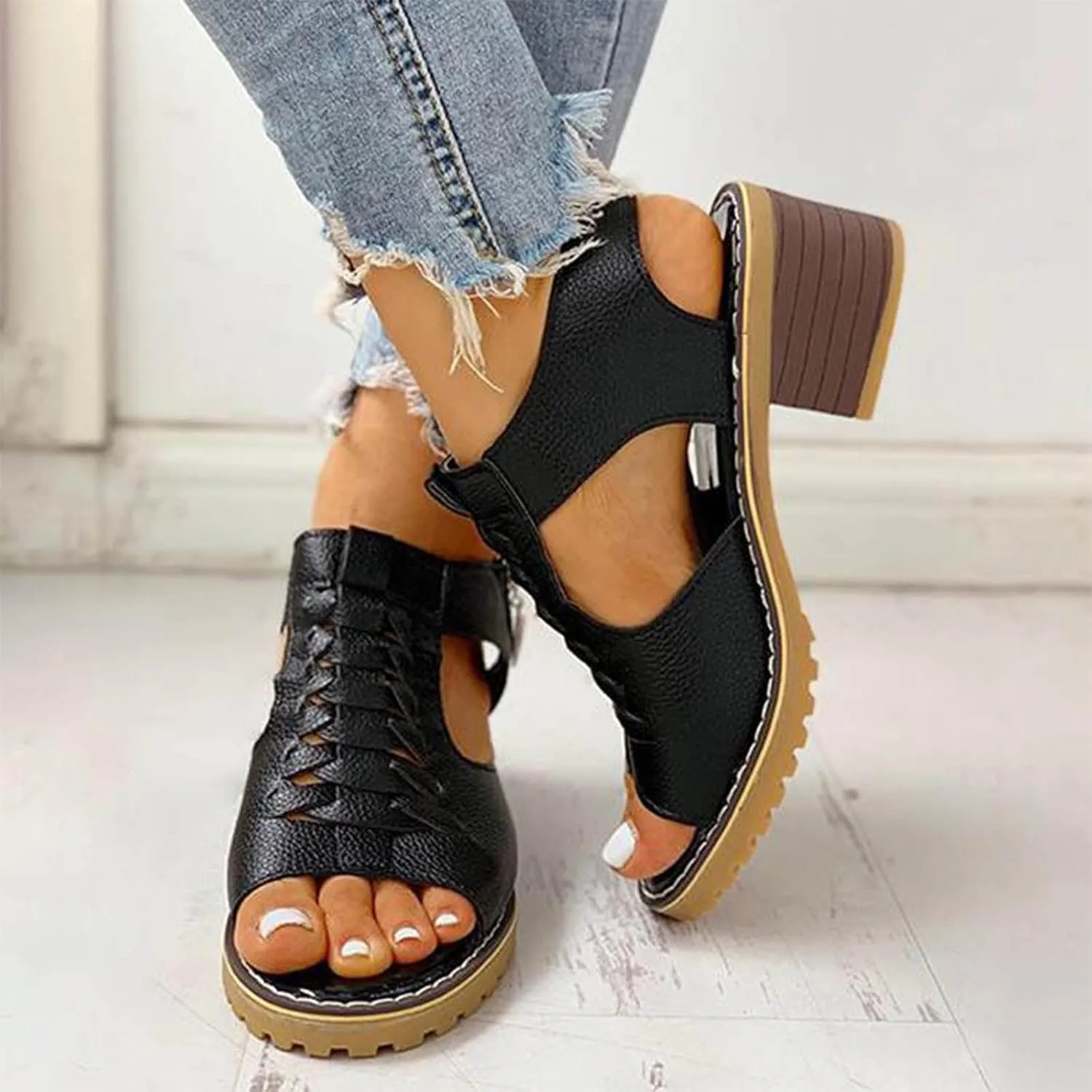 Womens Low Chunky Heel Sandals Fashion Ankle Zipper Open Toe Sandals Comfortable Sandales Summer Dressy Party Sandals