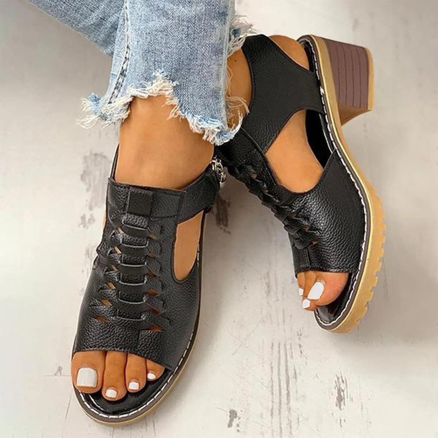 Womens Low Chunky Heel Sandals Fashion Ankle Zipper Open Toe Sandals Comfortable Sandales Summer Dressy Party Sandals