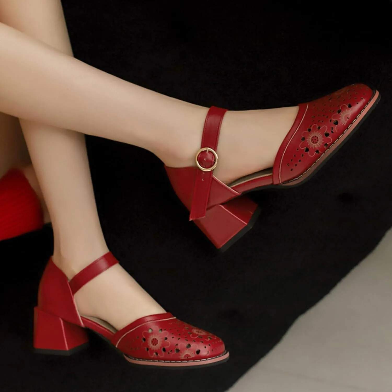 Women's Mary Jane Shoes Round Closed Toe Chunky Heel Block Hollow Out Ankle Strap Buckle Sandals Wedding Party Dress Pumps