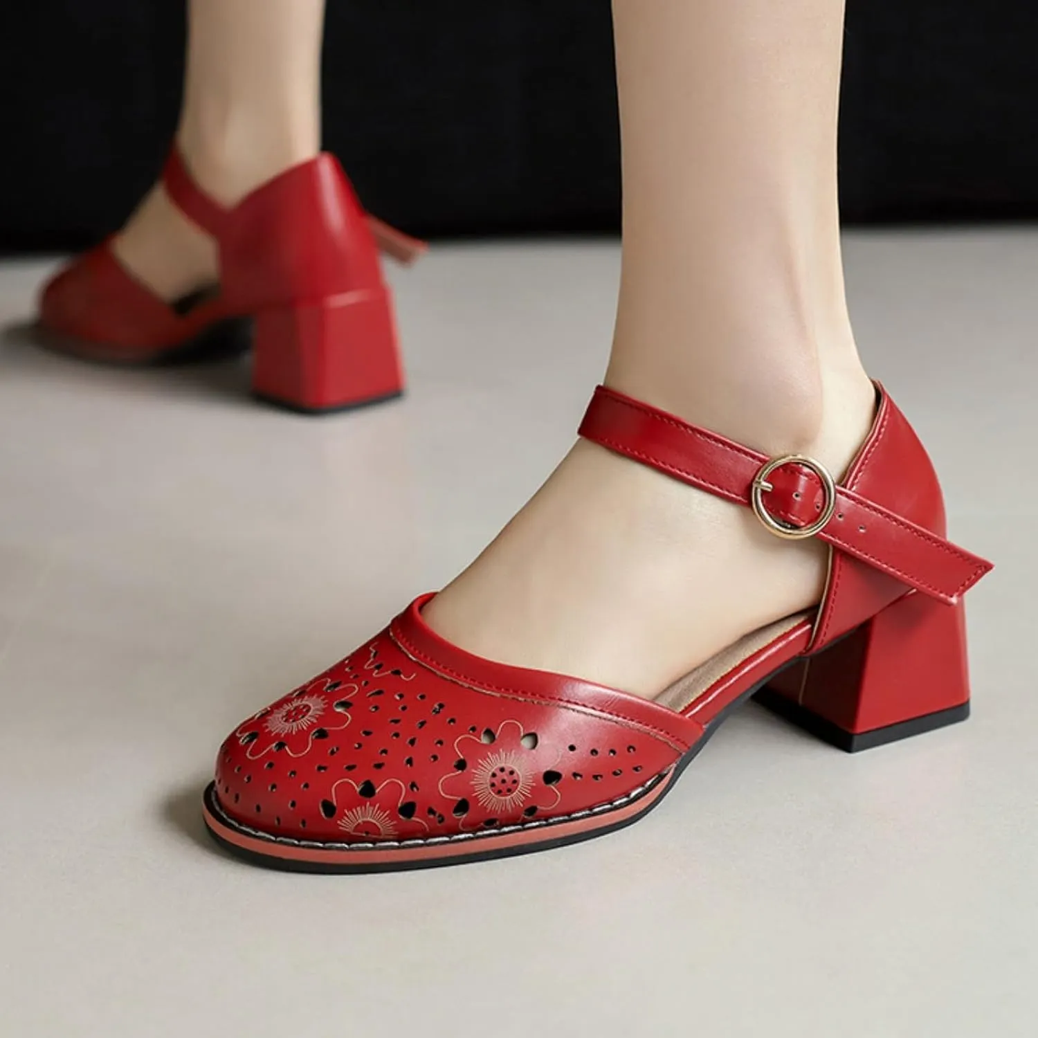 Women's Mary Jane Shoes Round Closed Toe Chunky Heel Block Hollow Out Ankle Strap Buckle Sandals Wedding Party Dress Pumps