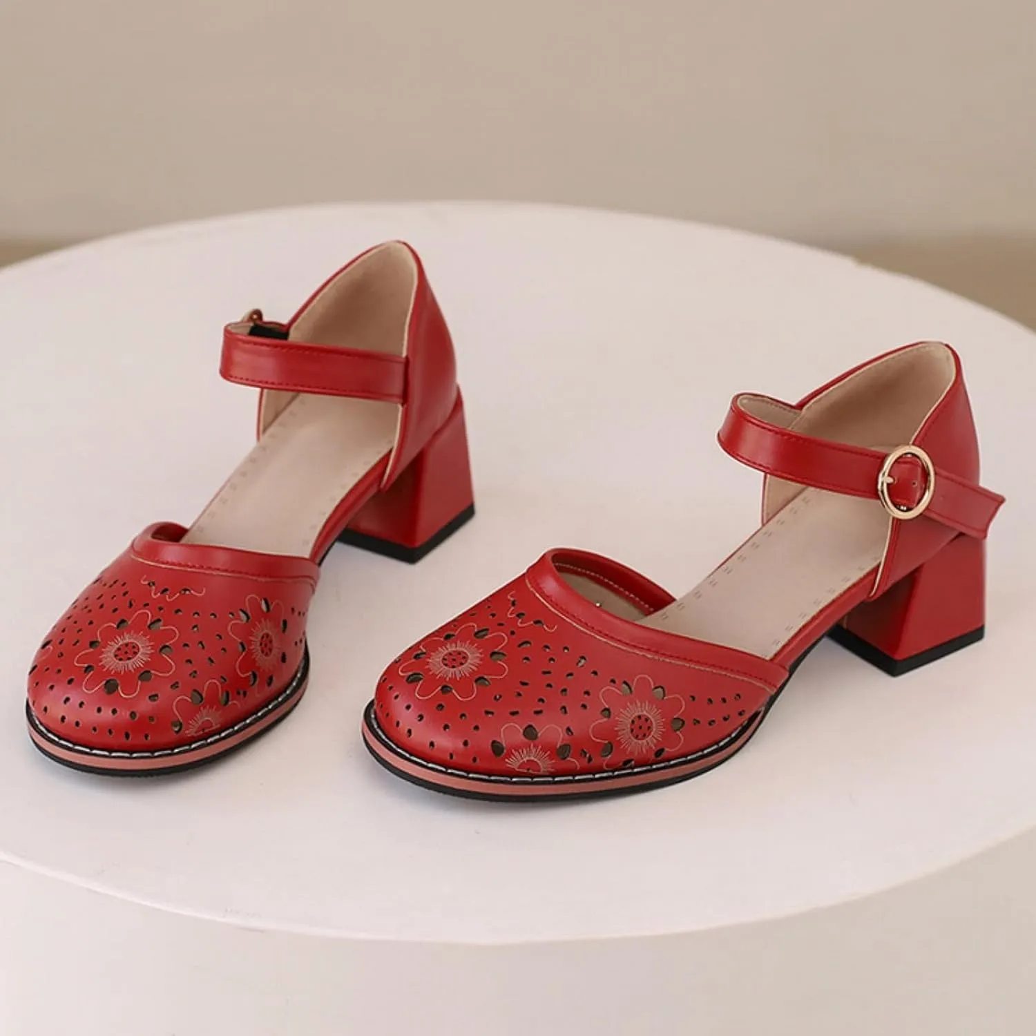 Women's Mary Jane Shoes Round Closed Toe Chunky Heel Block Hollow Out Ankle Strap Buckle Sandals Wedding Party Dress Pumps