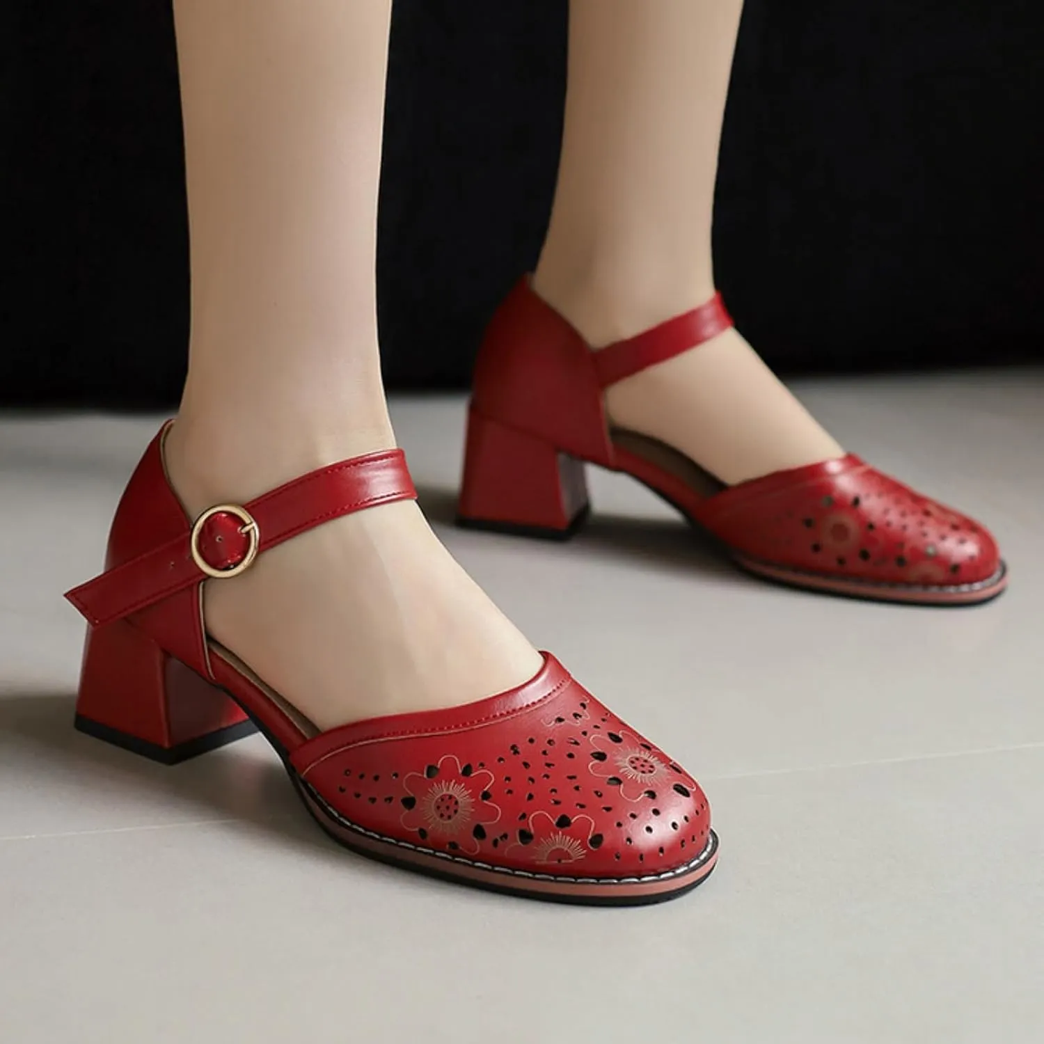 Women's Mary Jane Shoes Round Closed Toe Chunky Heel Block Hollow Out Ankle Strap Buckle Sandals Wedding Party Dress Pumps