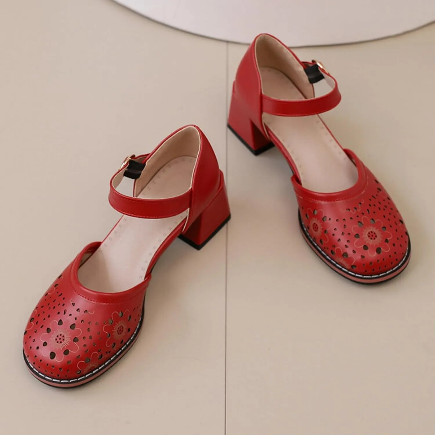 Women's Mary Jane Shoes Round Closed Toe Chunky Heel Block Hollow Out Ankle Strap Buckle Sandals Wedding Party Dress Pumps