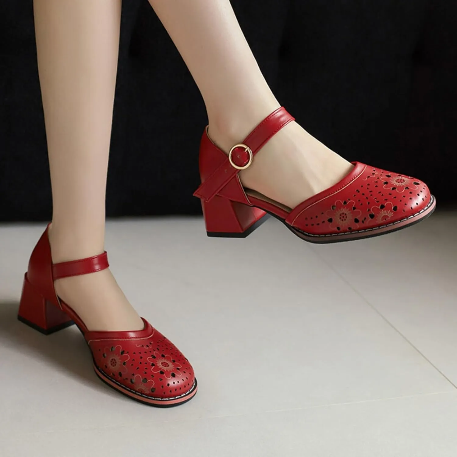 Women's Mary Jane Shoes Round Closed Toe Chunky Heel Block Hollow Out Ankle Strap Buckle Sandals Wedding Party Dress Pumps
