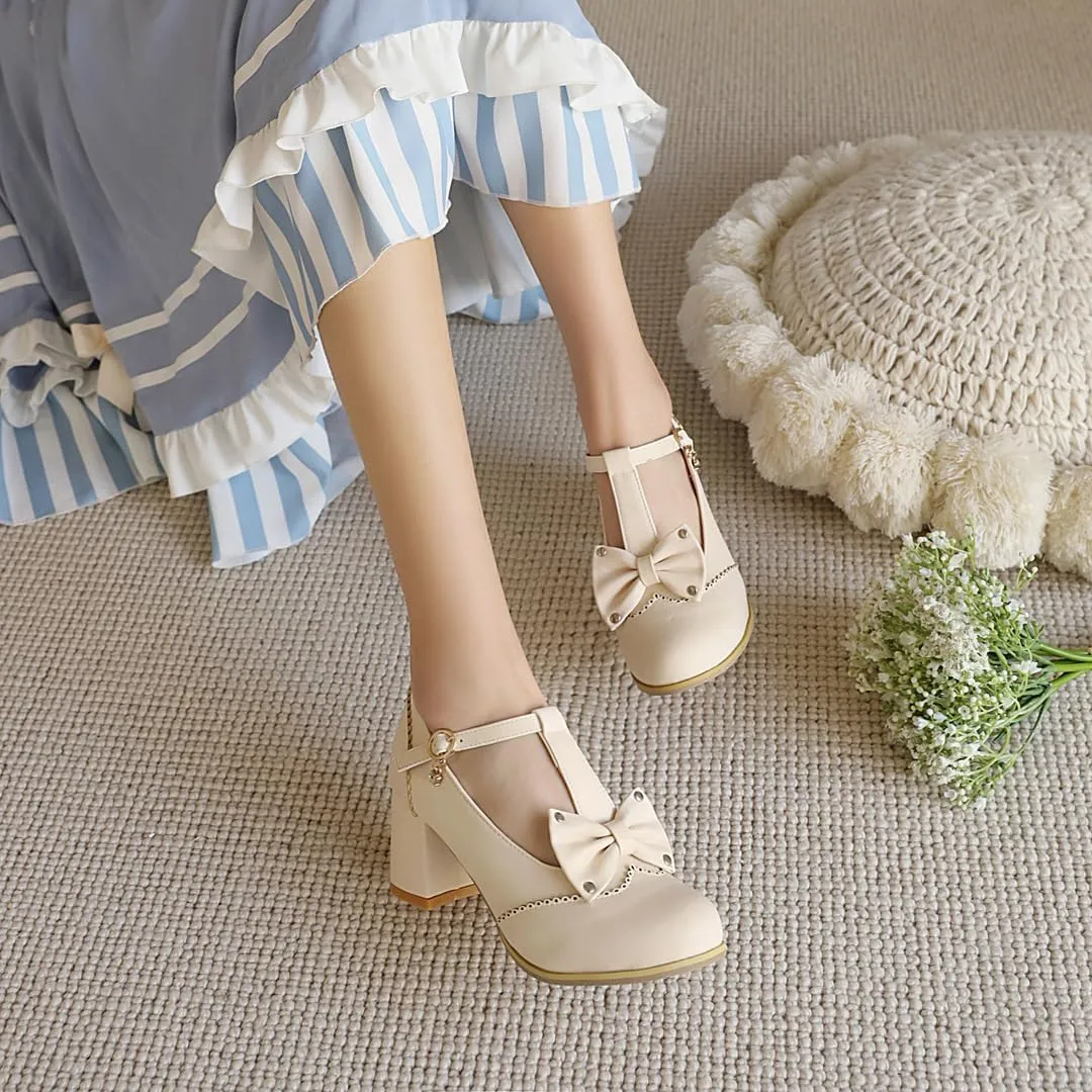 Women's Mary Jane T Strap Shoes, Chunky Mary Jane Heels, Vintage Brogue Low Heel Oxford Pumps