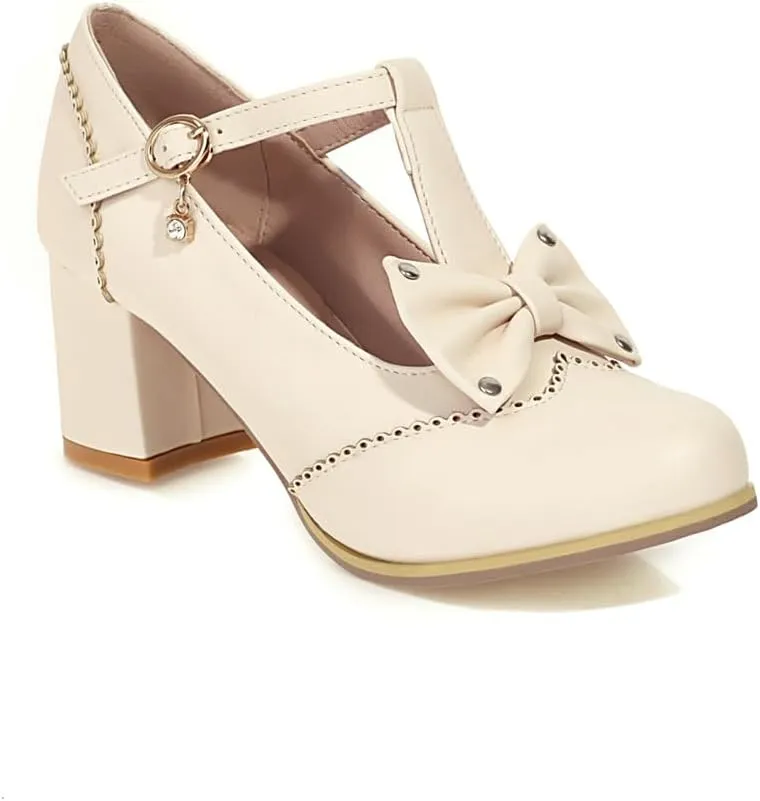 Women's Mary Jane T Strap Shoes, Chunky Mary Jane Heels, Vintage Brogue Low Heel Oxford Pumps