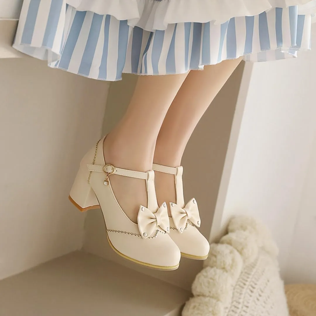 Women's Mary Jane T Strap Shoes, Chunky Mary Jane Heels, Vintage Brogue Low Heel Oxford Pumps