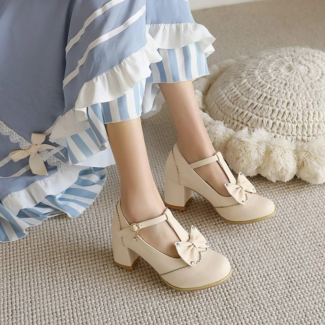 Women's Mary Jane T Strap Shoes, Chunky Mary Jane Heels, Vintage Brogue Low Heel Oxford Pumps