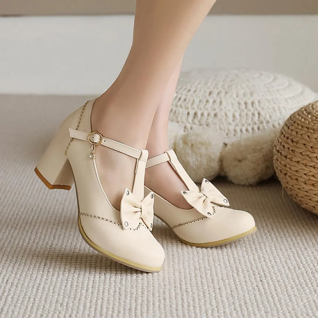 Women's Mary Jane T Strap Shoes, Chunky Mary Jane Heels, Vintage Brogue Low Heel Oxford Pumps