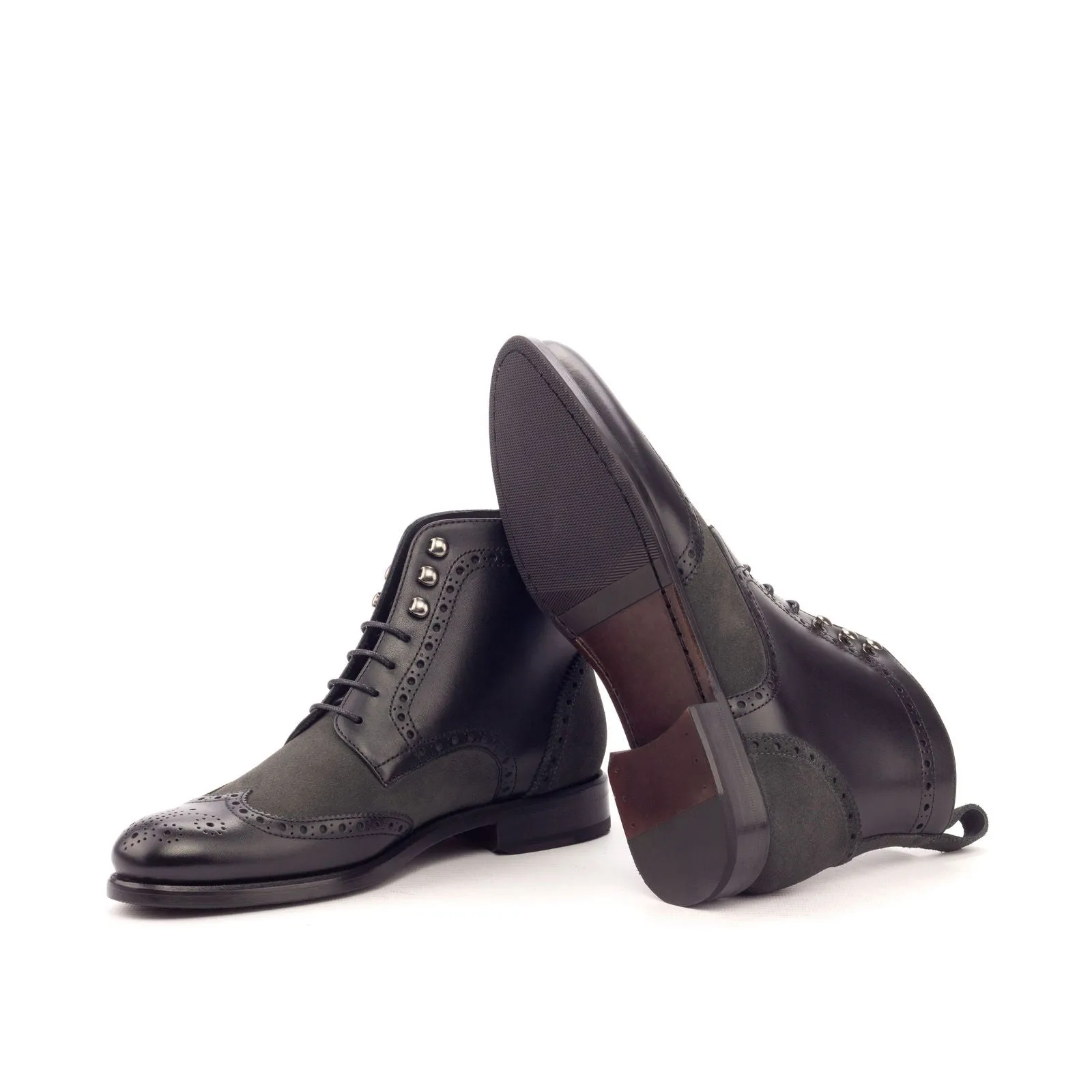 Women's Military Brogue Leather Boots Black Grey 3151