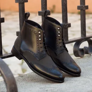 Women's Military Brogue Leather Boots Black Grey 3151