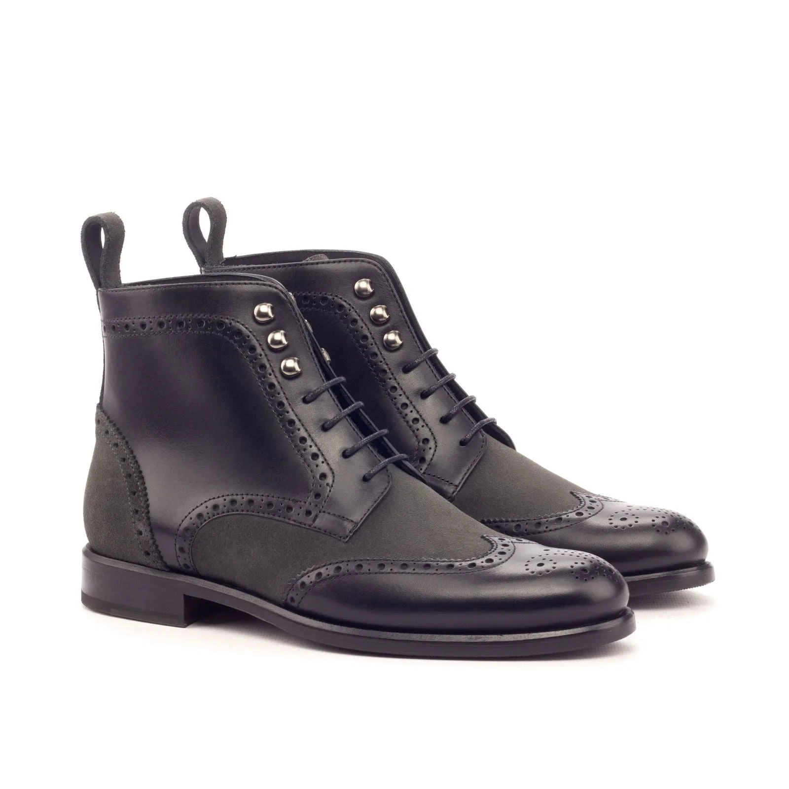 Women's Military Brogue Leather Boots Black Grey 3151