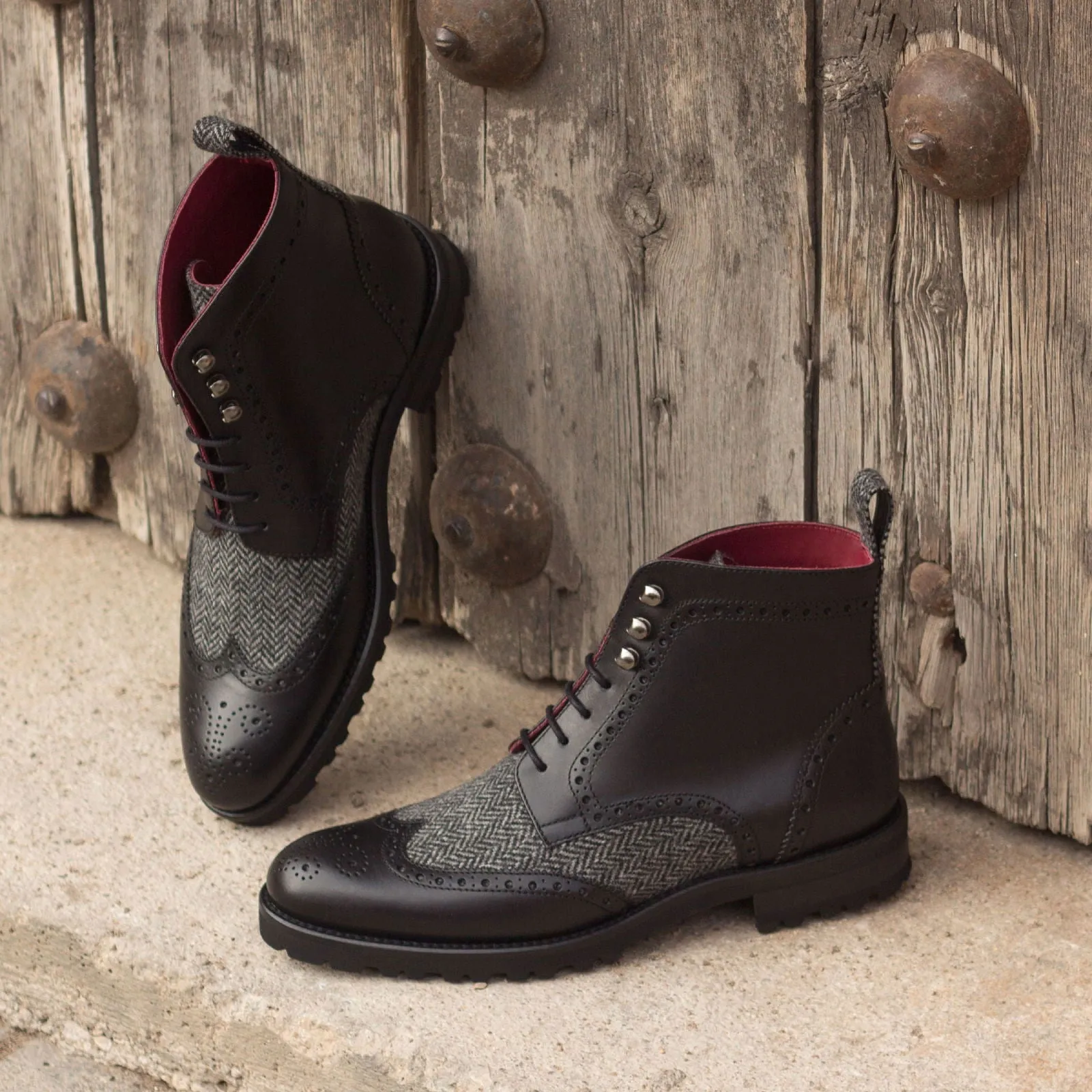 Women's Military Brogue Leather Boots Grey Black 3102