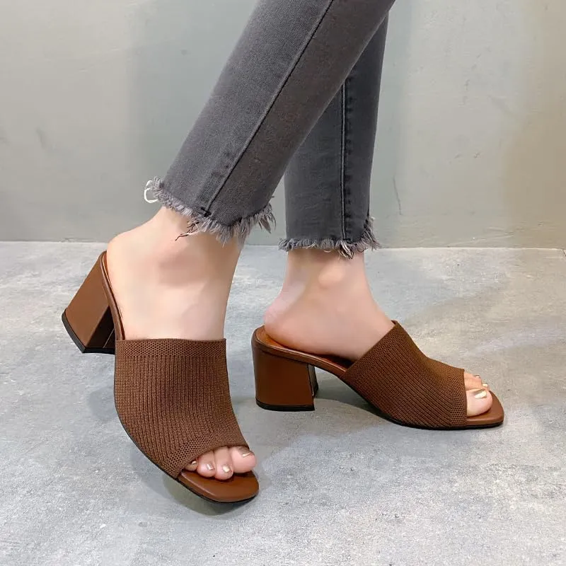 Womens Open Toe Heeled Mules Block Heels Sandals Open Toe Heeled Mules Chunky Block Low Heel Slip On Slides