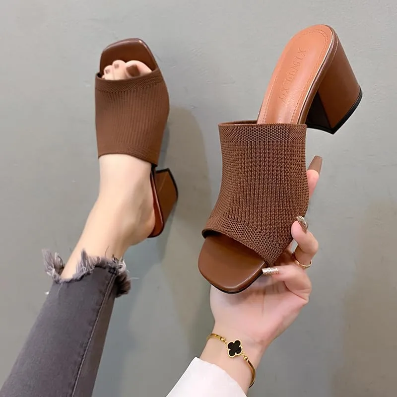 Womens Open Toe Heeled Mules Block Heels Sandals Open Toe Heeled Mules Chunky Block Low Heel Slip On Slides