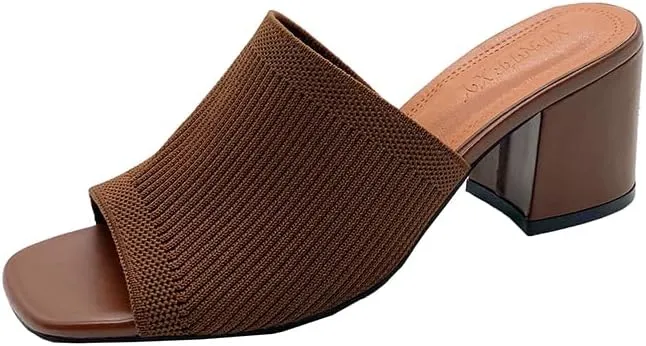 Womens Open Toe Heeled Mules Block Heels Sandals Open Toe Heeled Mules Chunky Block Low Heel Slip On Slides