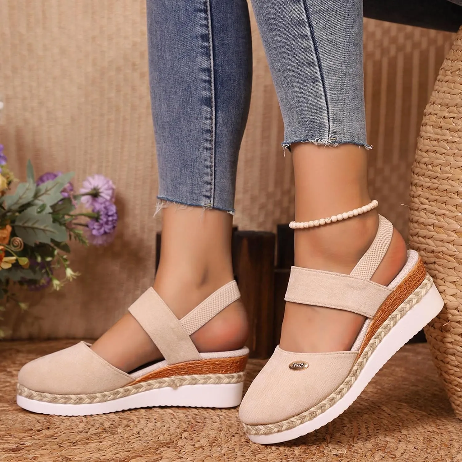 Women's Orthopedic Wedge Platform Sandals, Grey, Closed Toe, Ankle Strap, Comfortable, Casual