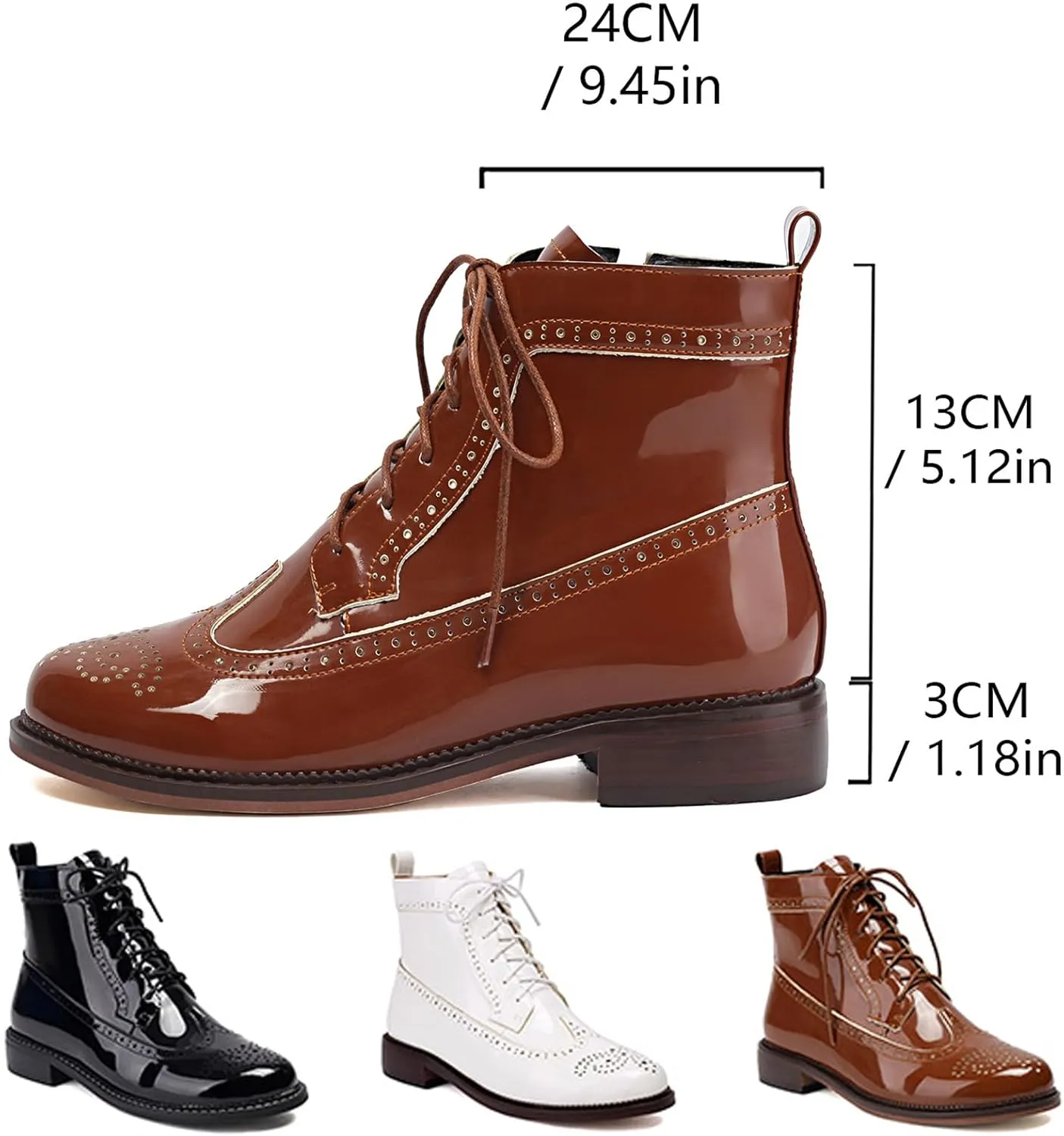 Women's Patent Leather Wingtip Brogue Combat Boots - Chunky Low Heel Lace-Up Oxford Boots Round Toe Hollow Out Design Comfortable Fashion Footwear