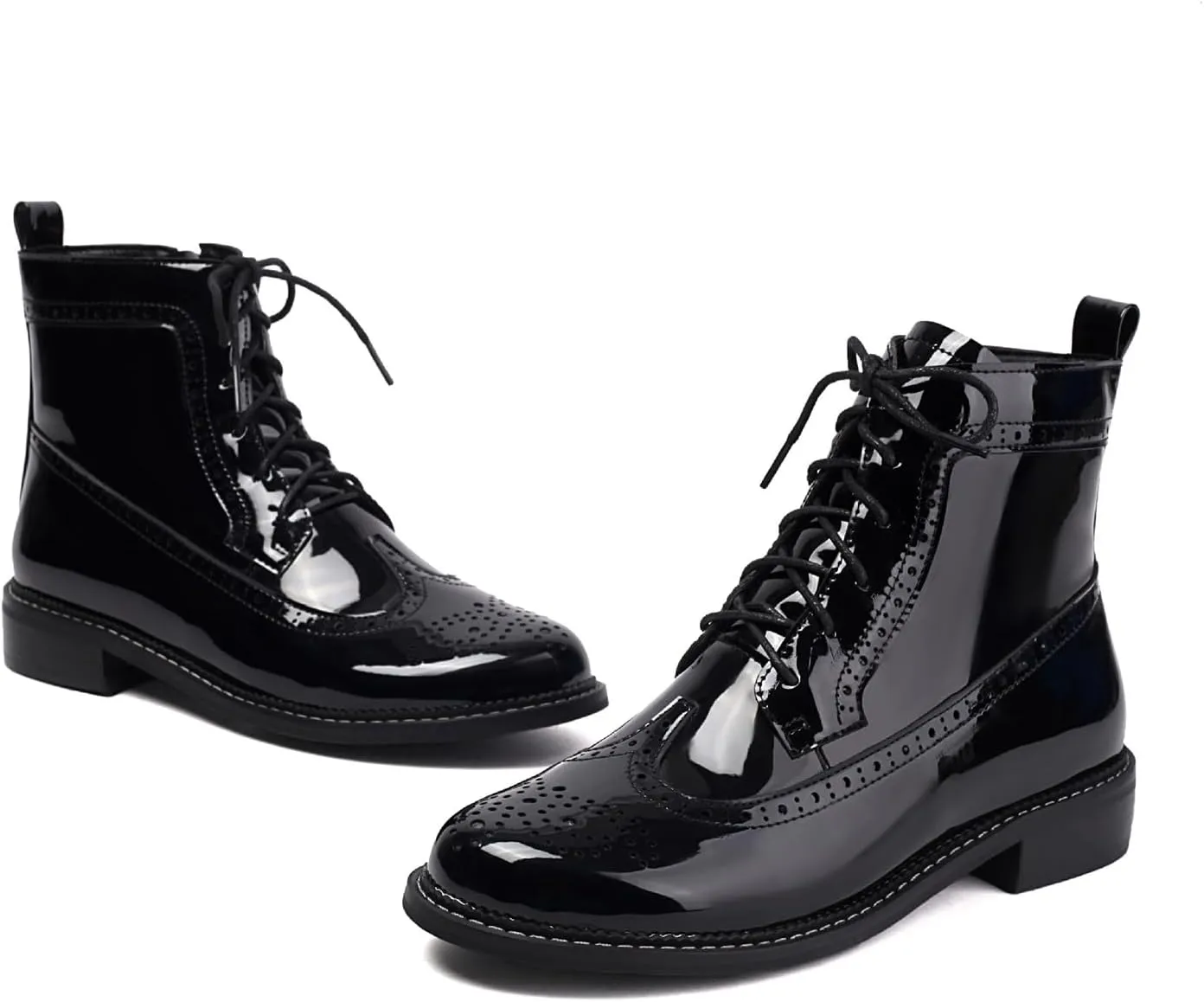 Women's Patent Leather Wingtip Brogue Combat Boots - Chunky Low Heel Lace-Up Oxford Boots Round Toe Hollow Out Design Comfortable Fashion Footwear