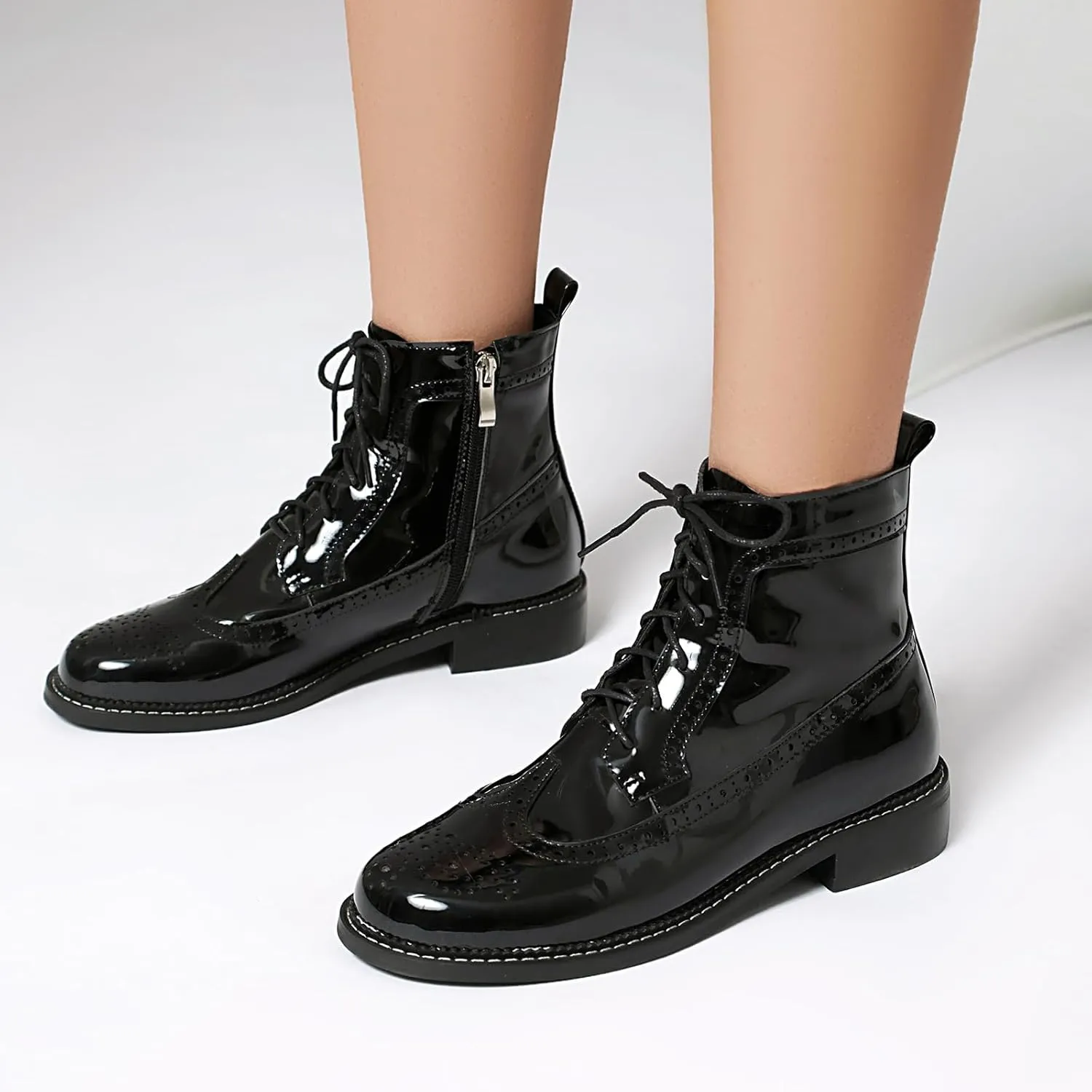 Women's Patent Leather Wingtip Brogue Combat Boots - Chunky Low Heel Lace-Up Oxford Boots Round Toe Hollow Out Design Comfortable Fashion Footwear