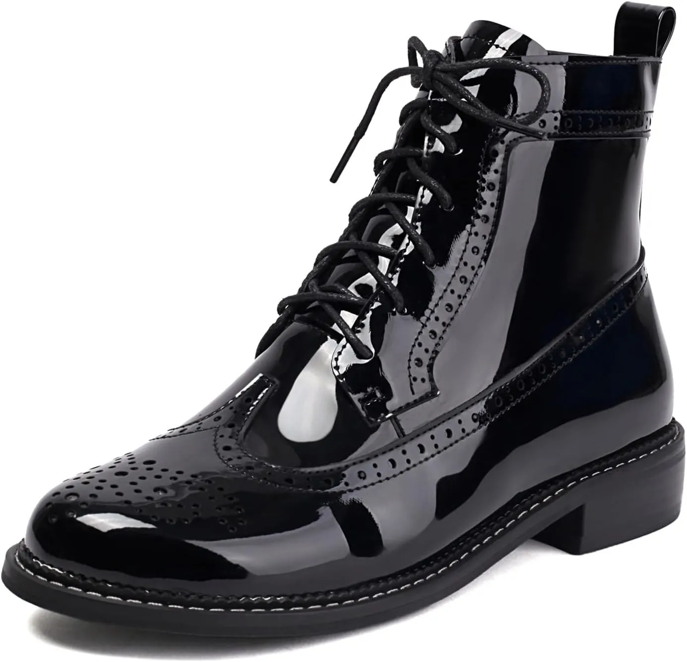 Women's Patent Leather Wingtip Brogue Combat Boots - Chunky Low Heel Lace-Up Oxford Boots Round Toe Hollow Out Design Comfortable Fashion Footwear