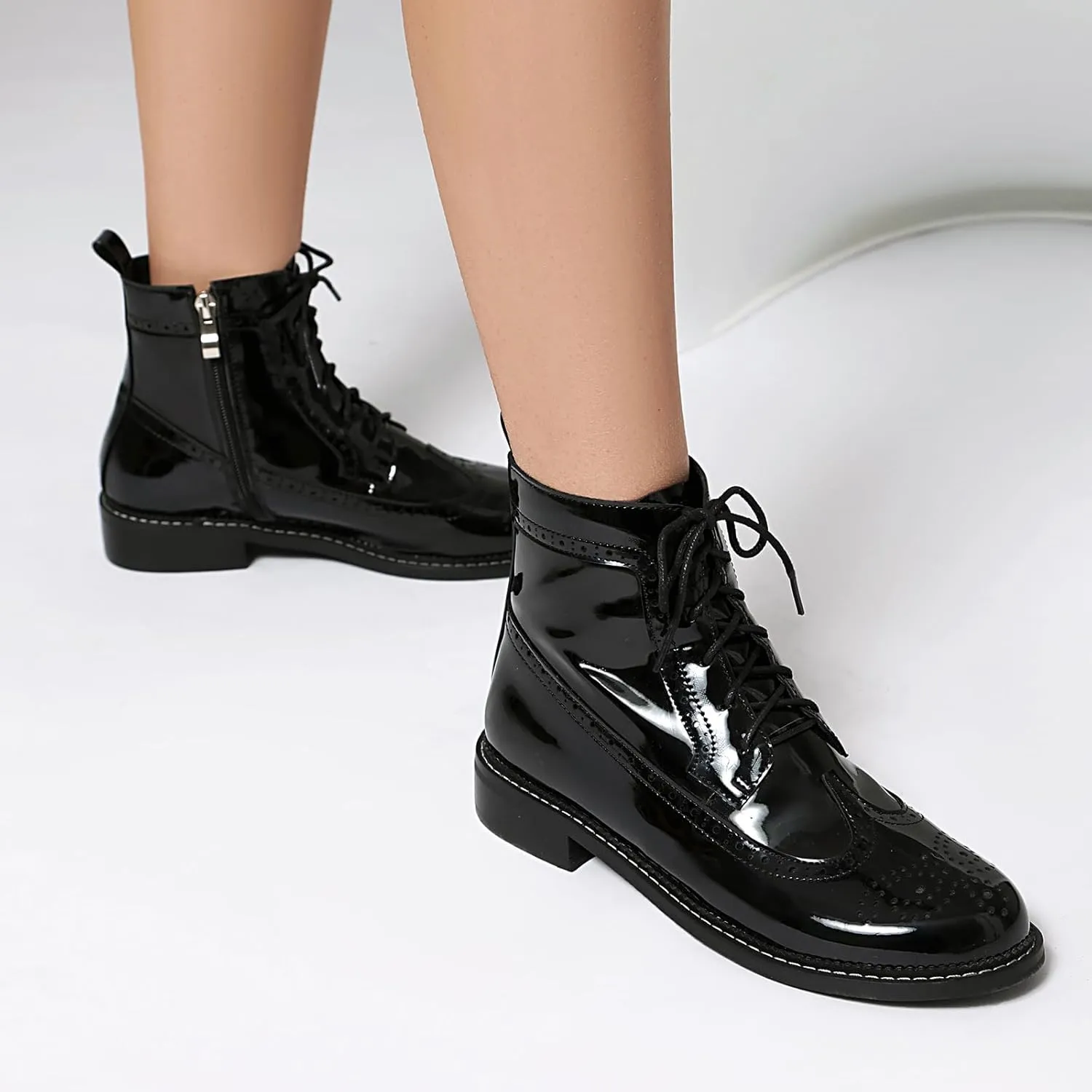 Women's Patent Leather Wingtip Brogue Combat Boots - Chunky Low Heel Lace-Up Oxford Boots Round Toe Hollow Out Design Comfortable Fashion Footwear