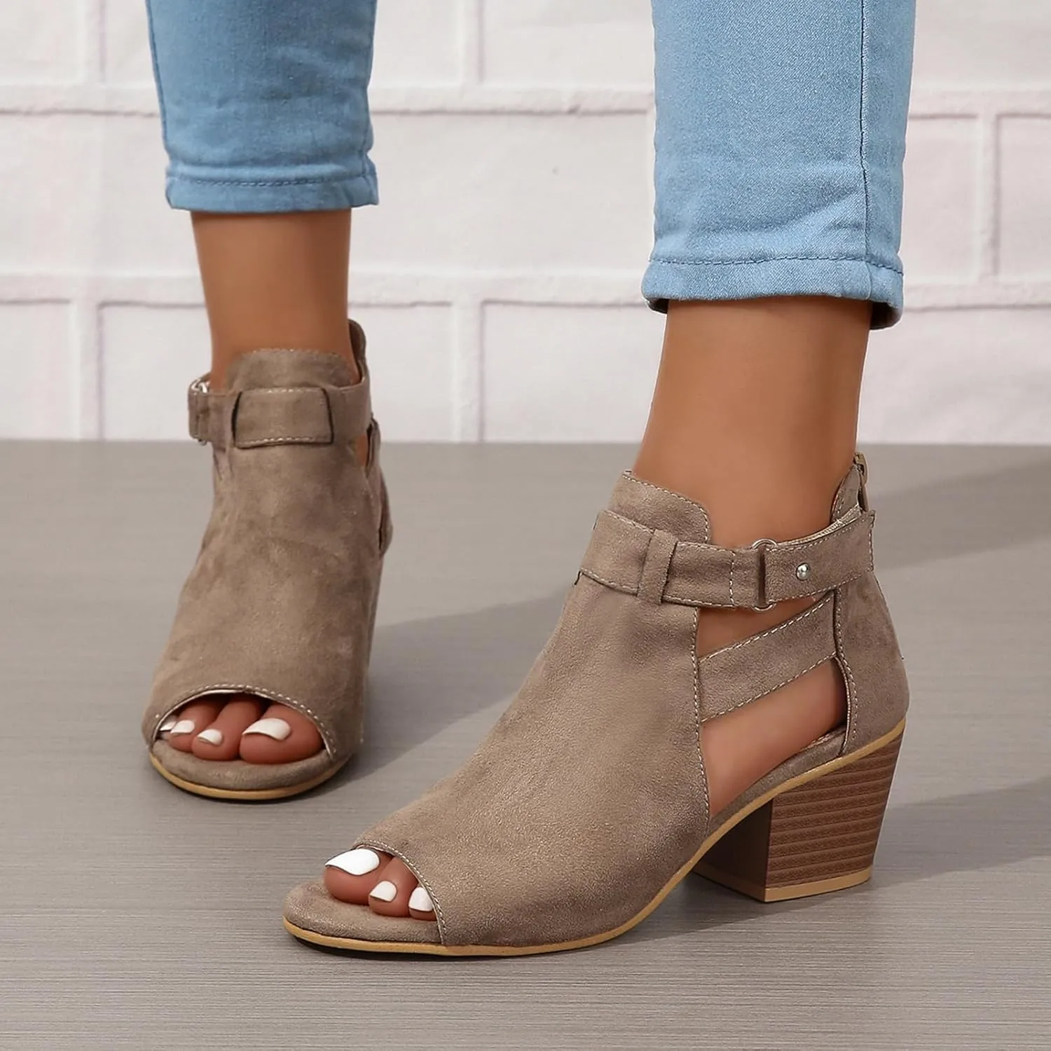 Women's Peep Toe Booties Toe Ankle Booties Chunky Heels Cutout Back Zipper Sandals Suede Side Ankle Strap Dress Sandals Strap Evening Party Shoes