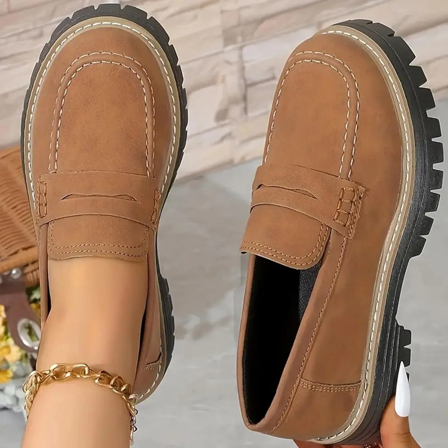 Womens Pink Suede Platform Loafers, Casual Slip-Ons, Size US 7 to 10