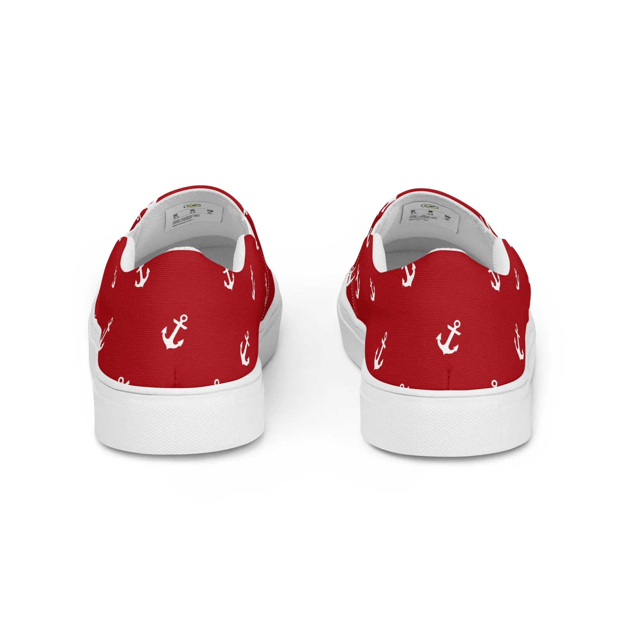 Women’s Red with white anchors slip-on canvas shoes, Red nautical print casual shoes