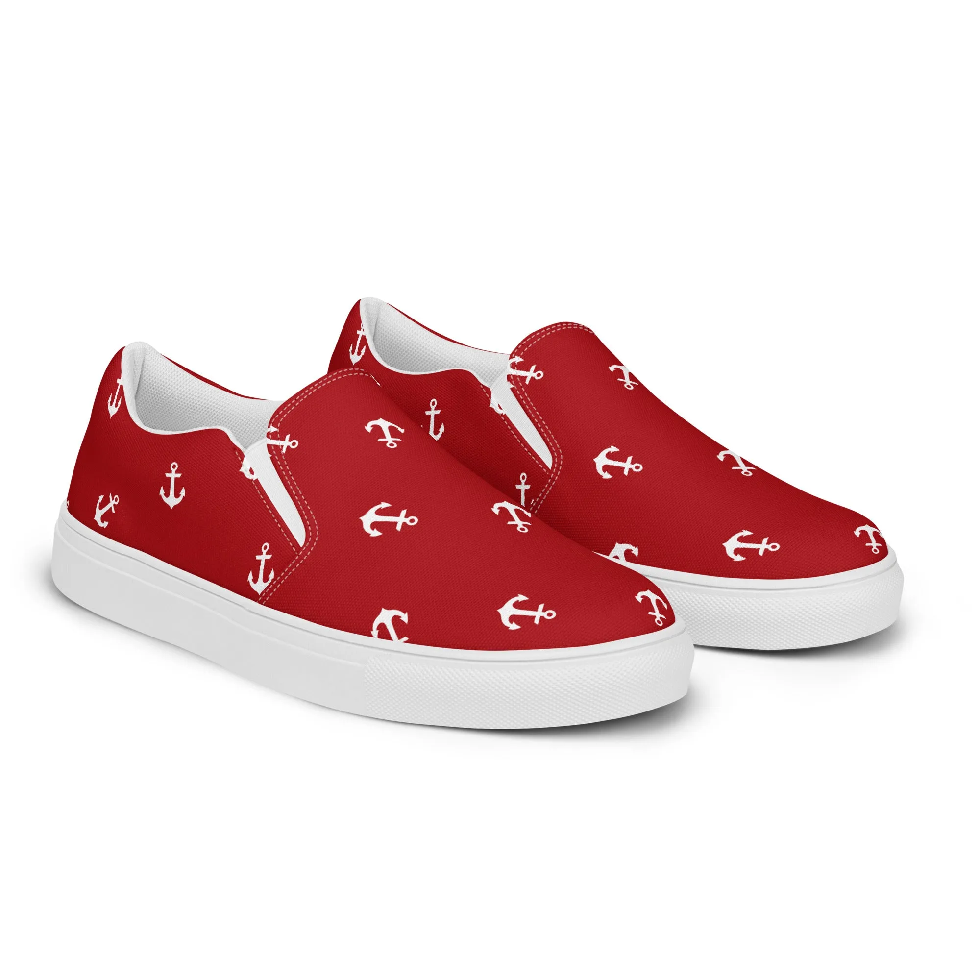 Women’s Red with white anchors slip-on canvas shoes, Red nautical print casual shoes