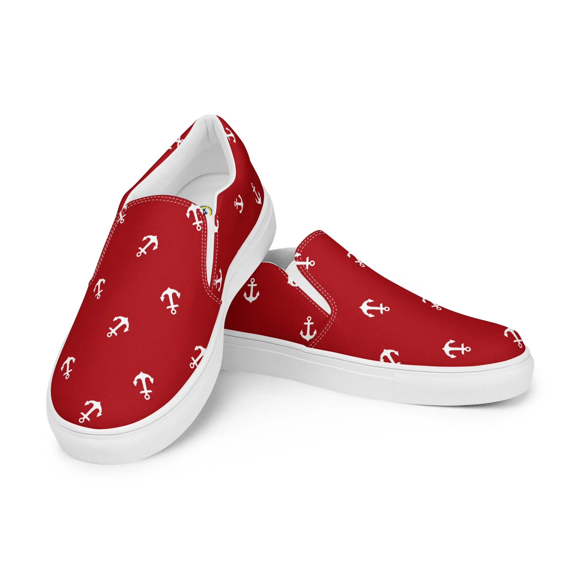 Women’s Red with white anchors slip-on canvas shoes, Red nautical print casual shoes