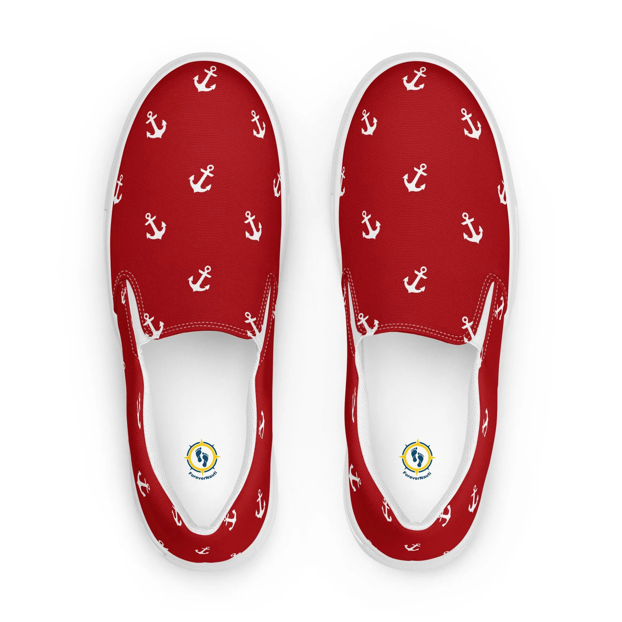 Women’s Red with white anchors slip-on canvas shoes, Red nautical print casual shoes