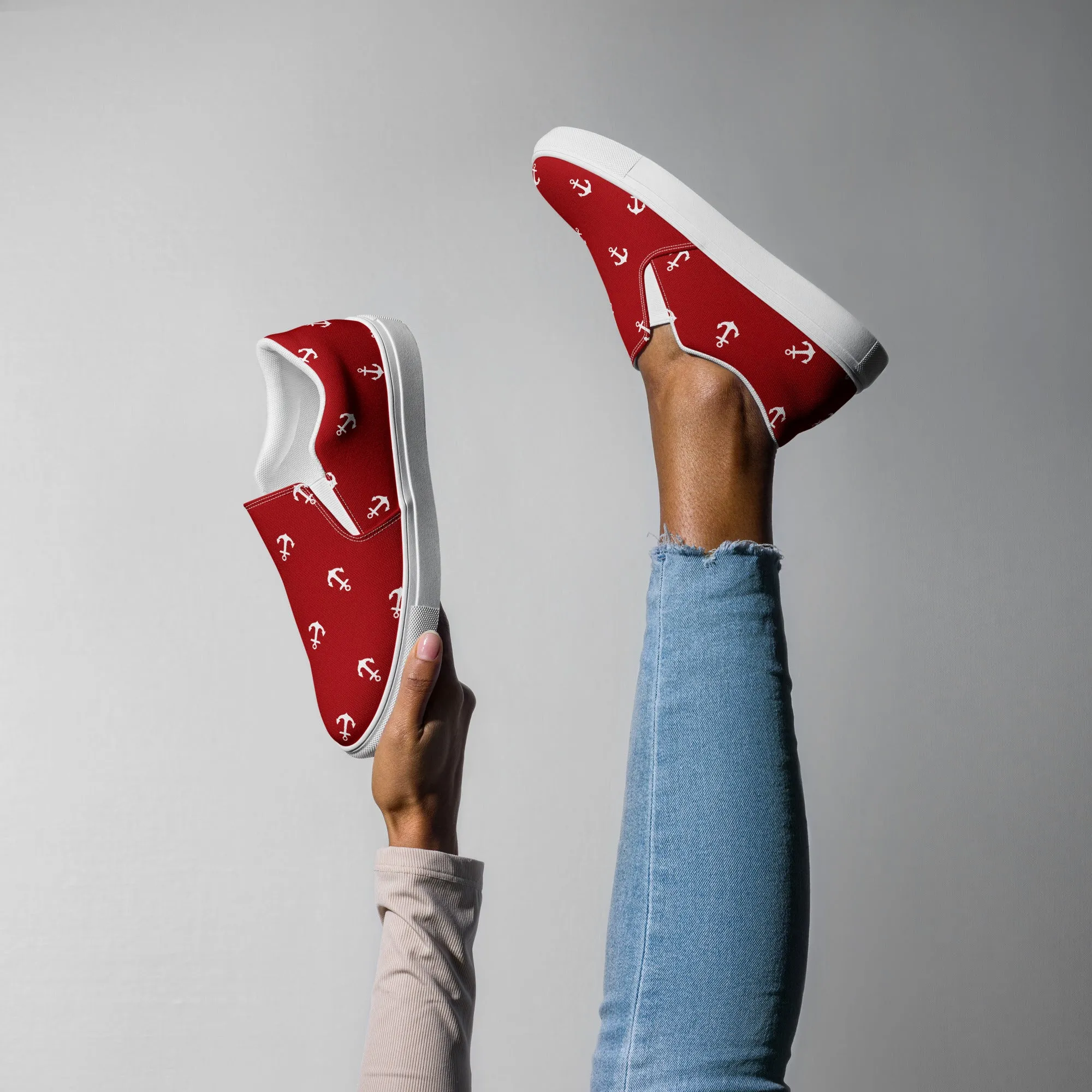 Women’s Red with white anchors slip-on canvas shoes, Red nautical print casual shoes