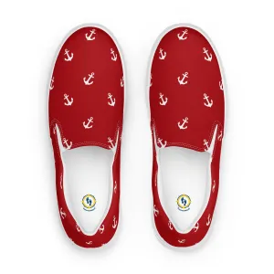 Women’s Red with white anchors slip-on canvas shoes, Red nautical print casual shoes