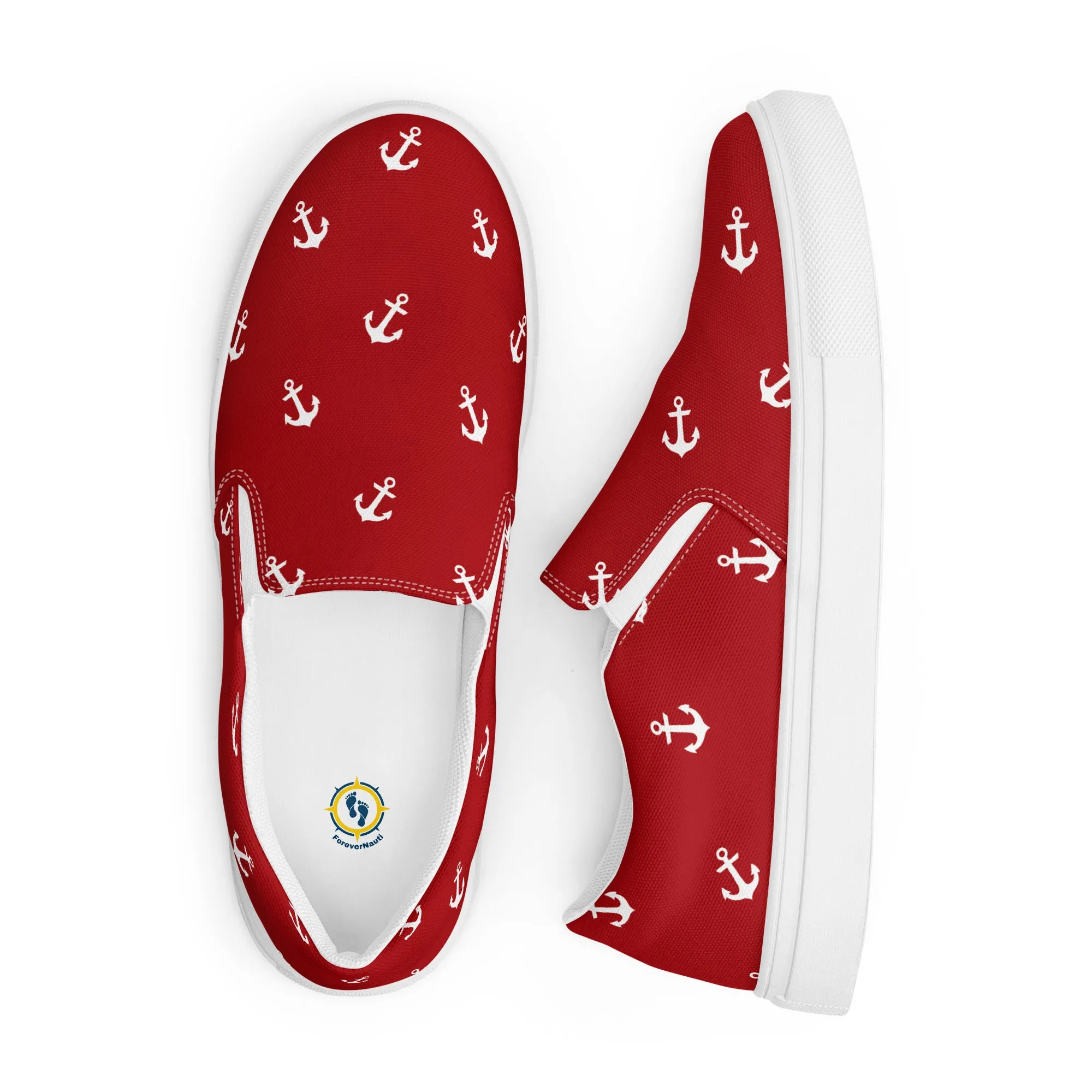 Women’s Red with white anchors slip-on canvas shoes, Red nautical print casual shoes