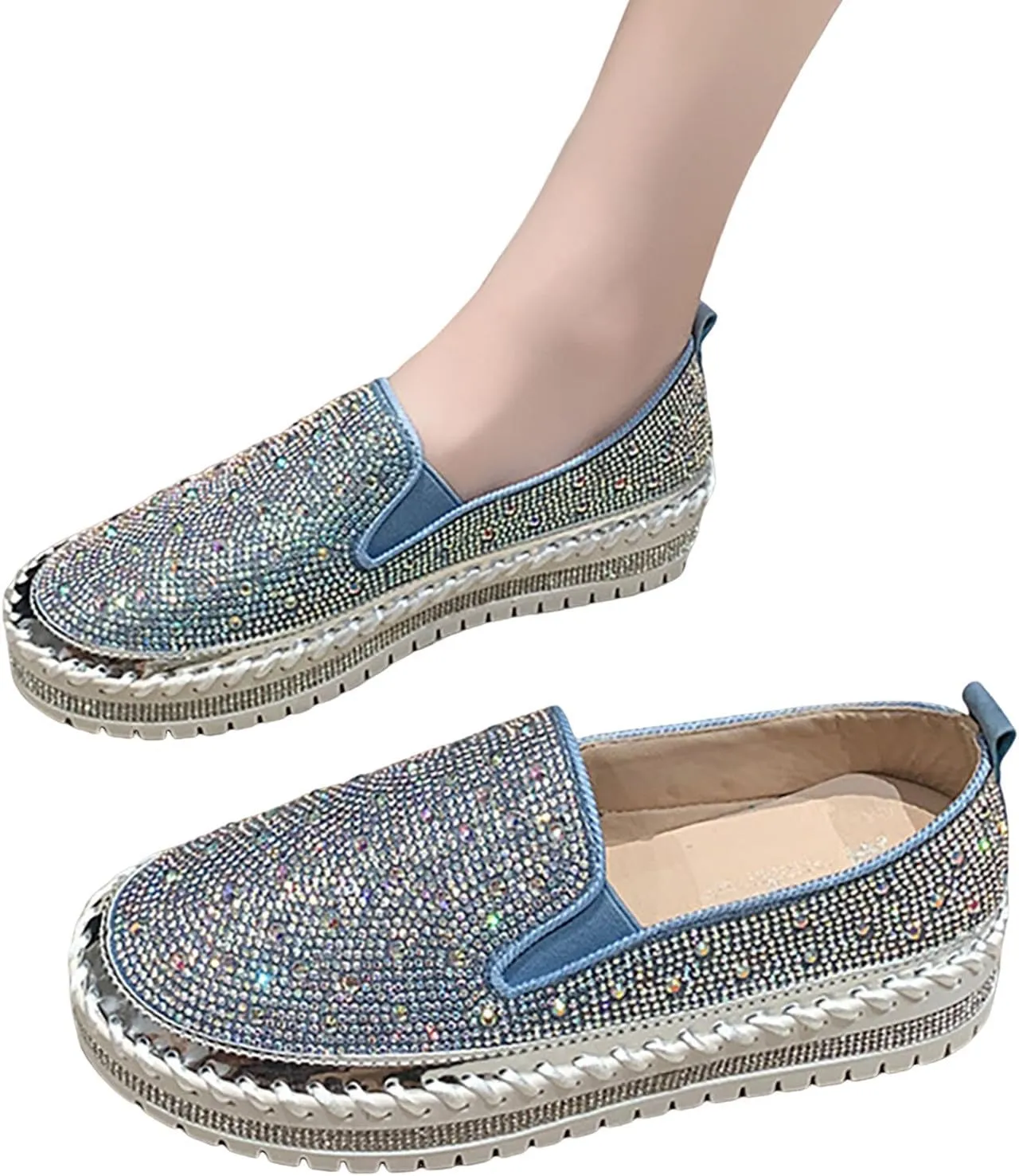 Women's Rhinestone Loafers Soft Thick Bottom Sparkly Banquet Shoes Cushioned Slip-On Ballet Flat High Top Skate Shoe