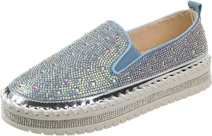 Women's Rhinestone Loafers Soft Thick Bottom Sparkly Banquet Shoes Cushioned Slip-On Ballet Flat High Top Skate Shoe