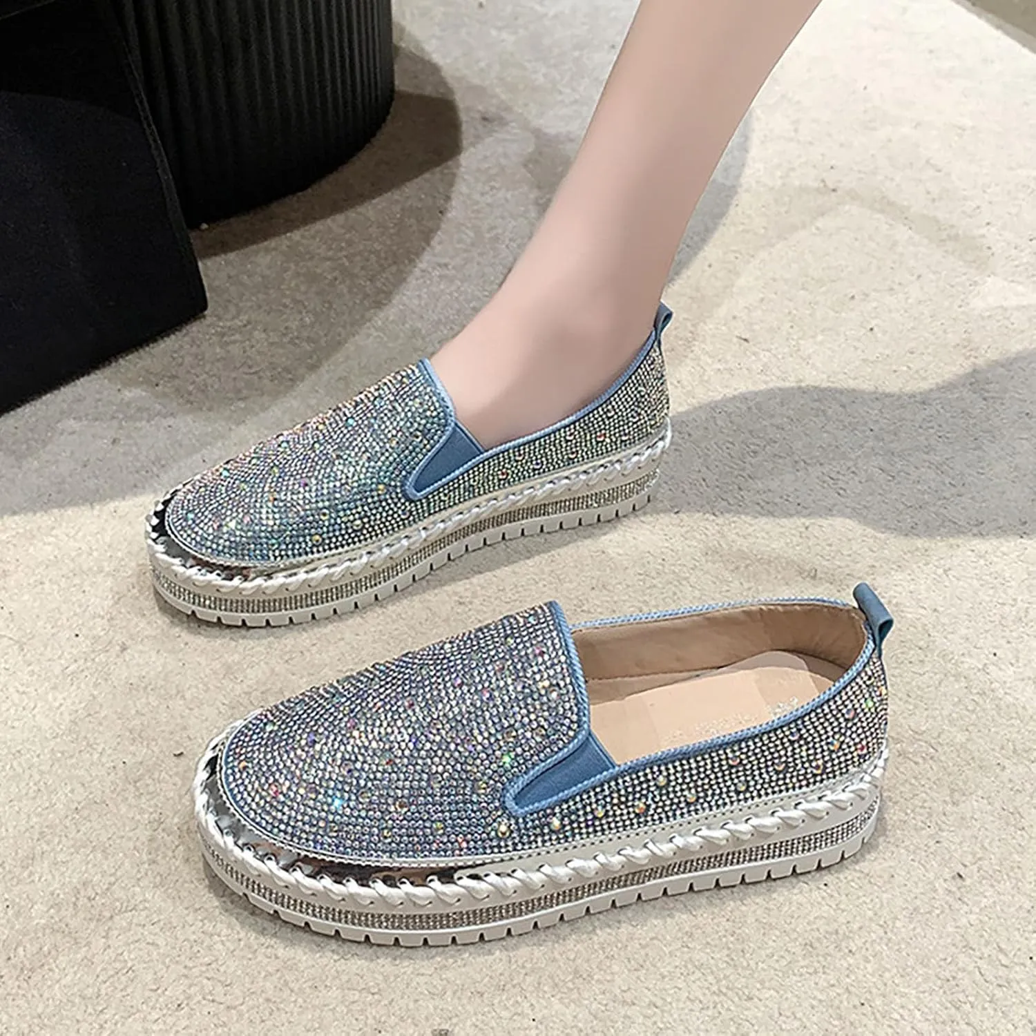 Women's Rhinestone Loafers Soft Thick Bottom Sparkly Banquet Shoes Cushioned Slip-On Ballet Flat High Top Skate Shoe