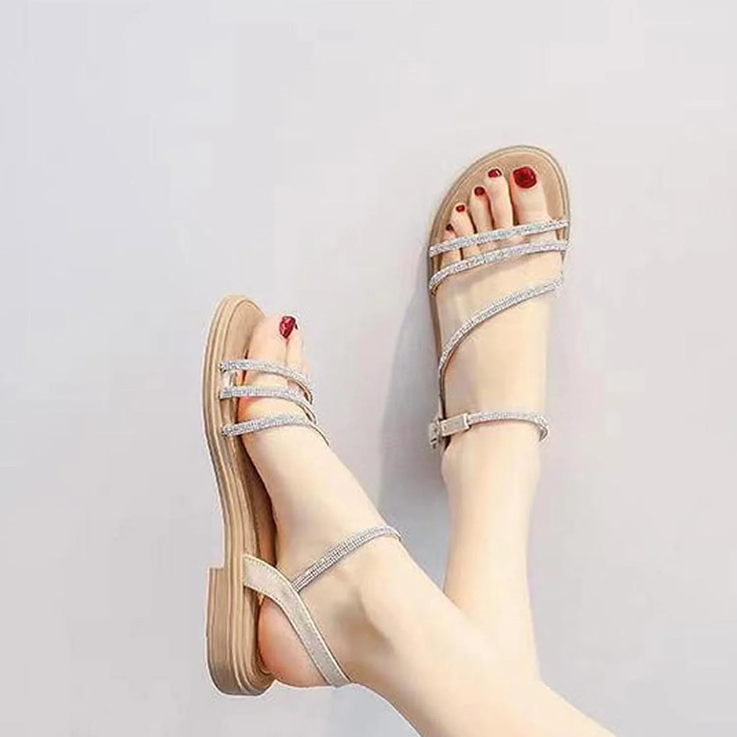 Womens Rhinestone Sandals Dressy Summer Strappy Sandals Comfortable Ankle Strap Flats Bohemian Flat Beach Shoes 2025