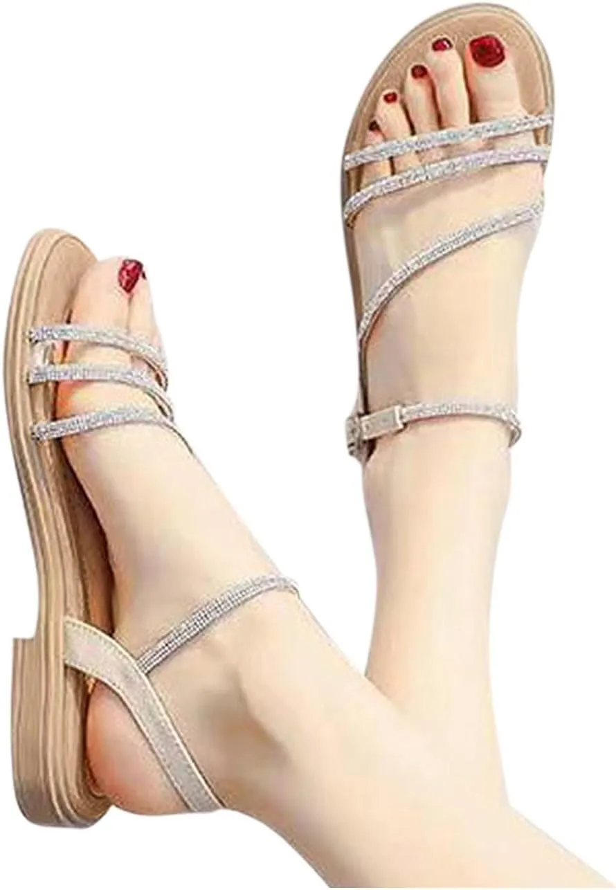 Womens Rhinestone Sandals Dressy Summer Strappy Sandals Comfortable Ankle Strap Flats Bohemian Flat Beach Shoes 2025